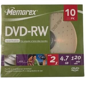 Memorex DVD-RW Rewritable 10 Pack 2x 4.7 GB 120 Minute New Sealed